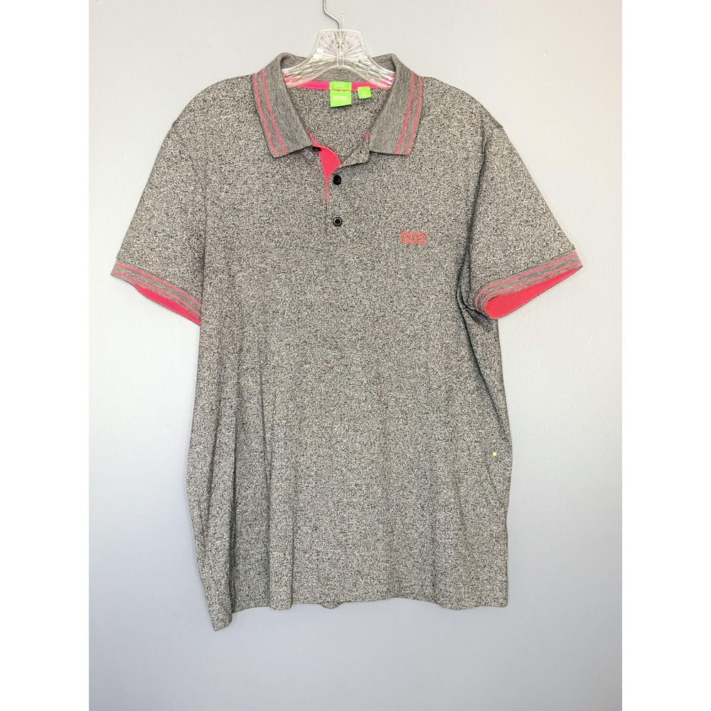 BOSS Hugo Boss Polo Shirt Mens XL Gray Slim Fit Cotton Pink Logo Trim Contrast